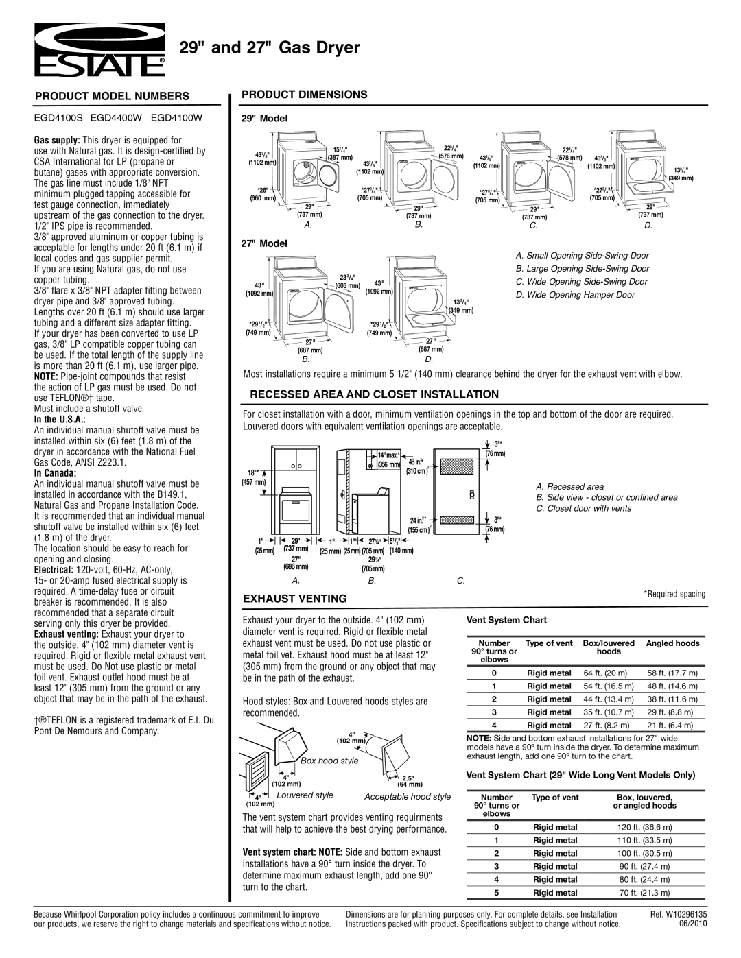 Estate dimensions Product Model Numbers EGD4100S EGD4400W EGD4100W, Product Dimensions, Exhaust Venting 