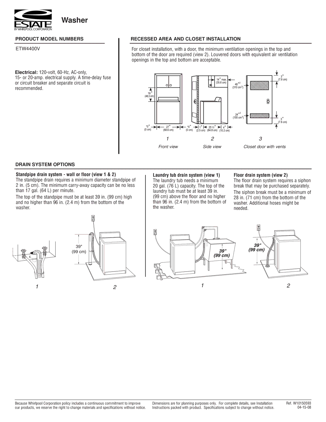 Estate ETW4400V specifications Washer, Product Model Numbers, Recessed Area and Closet Installation, Drain System Options 