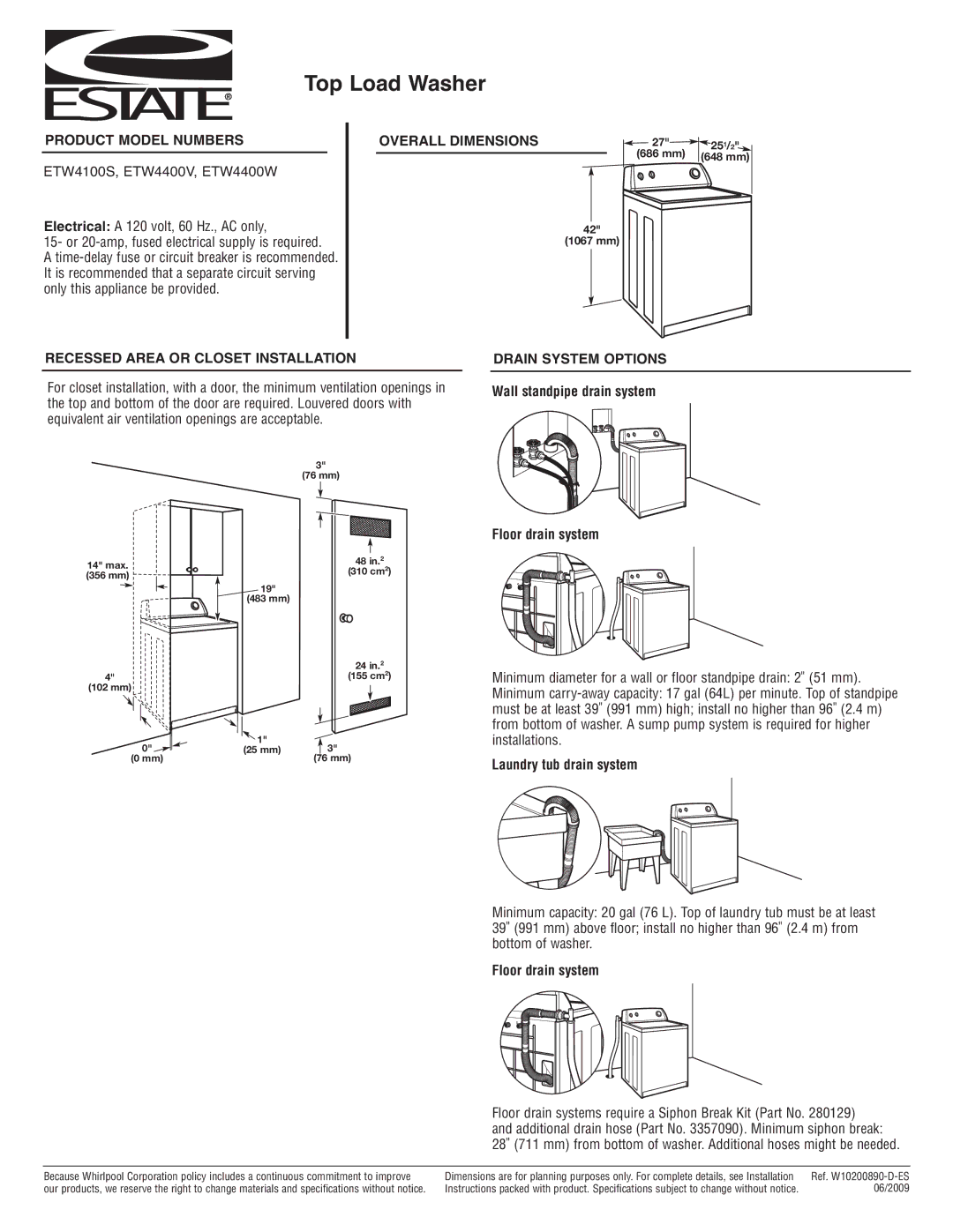 Estate ETW4400W specifications Top Load Washer, Product Model Numbers Overall Dimensions 