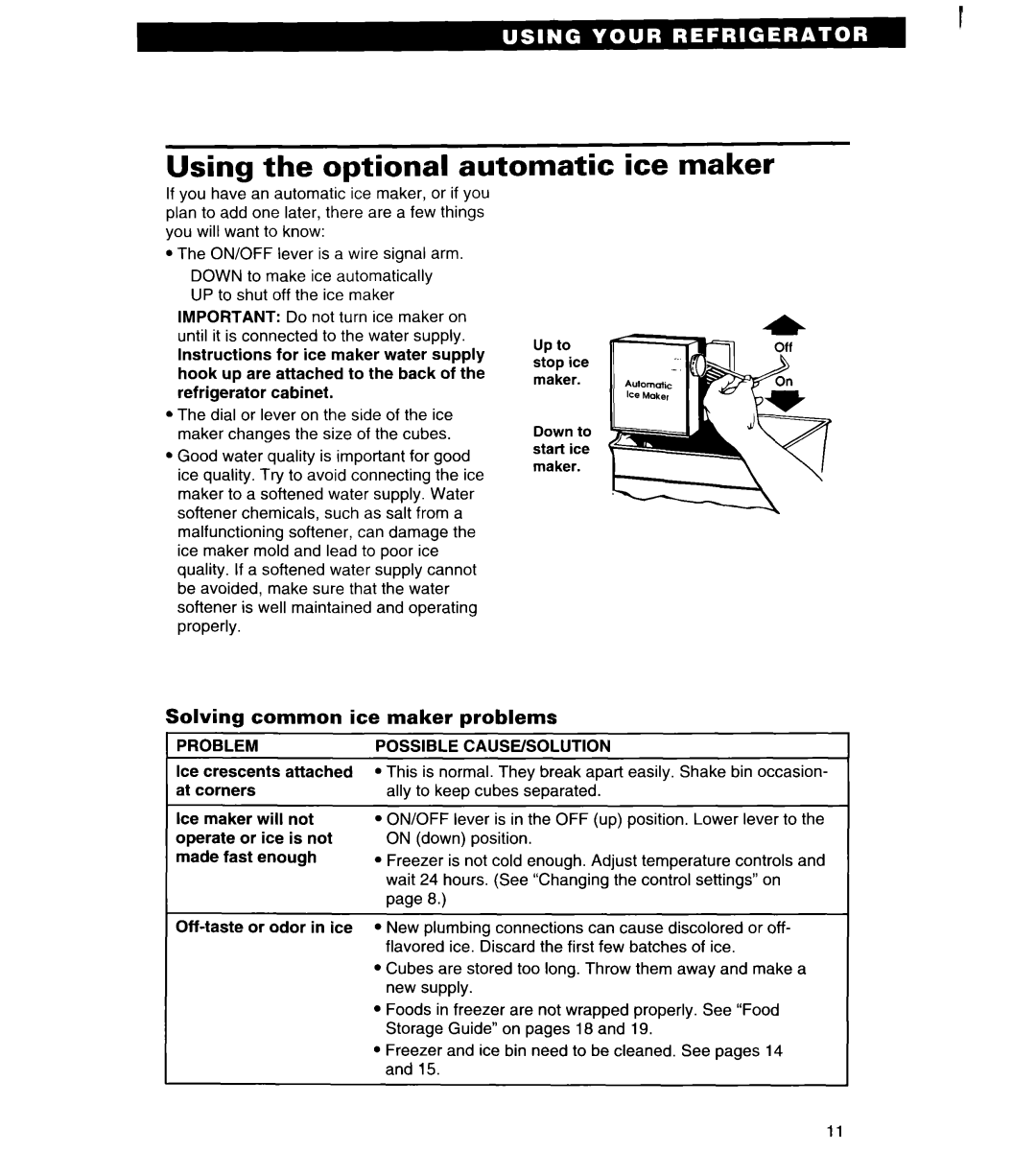 Estate LTL8HA Using the optional automatic ice maker, Solving common ice maker problems, Problem, Possible CAUSE/SOLUTION 