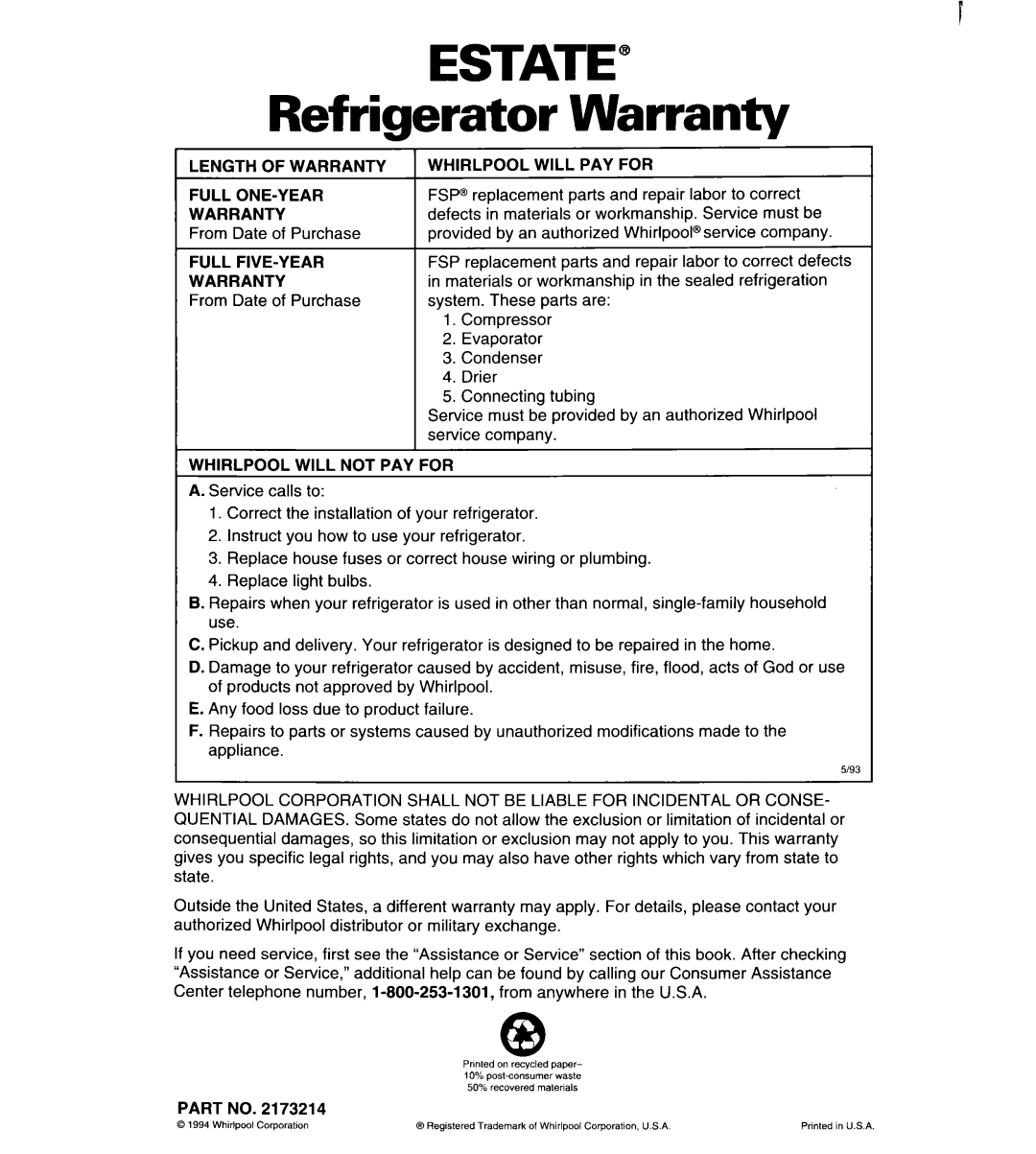 Estate IT18HD, LTL8HA important safety instructions ESTATE” Refrigerator Warranty 