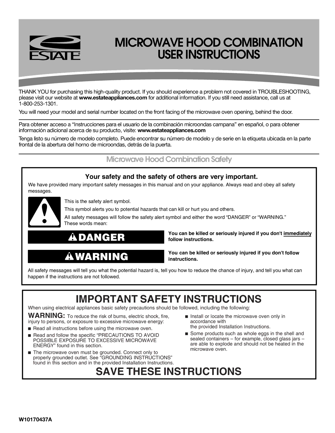 Estate important safety instructions Microwave Hood Combination Safety, W10170437A 