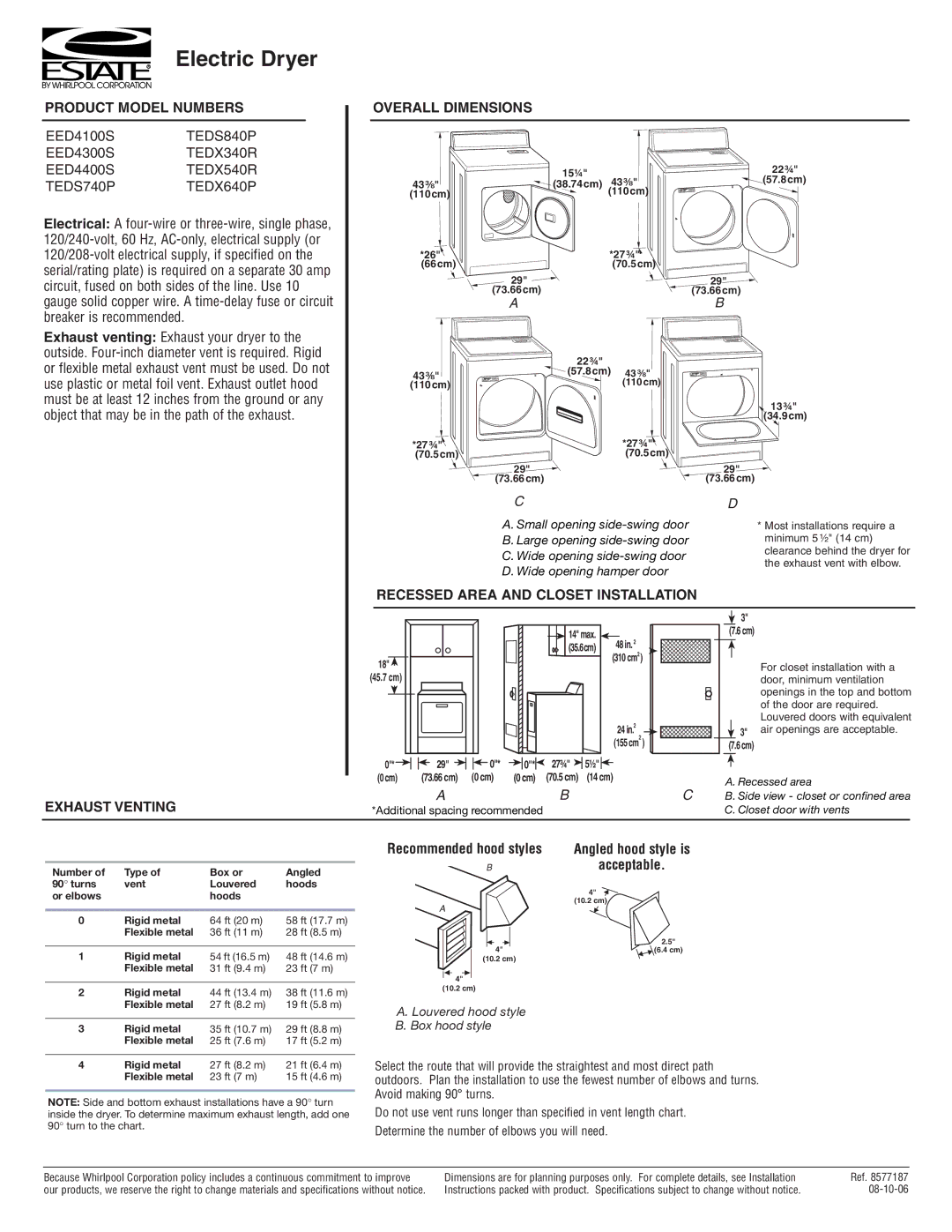 Estate TEDX540R, TEDS740P, TEDX340R dimensions Electric Dryer, Product Model Numbers, Overall Dimensions, Acceptable 