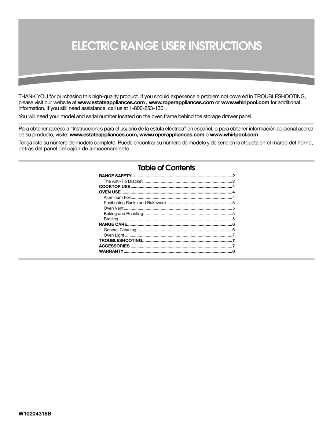 Estate TEP315VQ warranty Electric Range User Instructions 