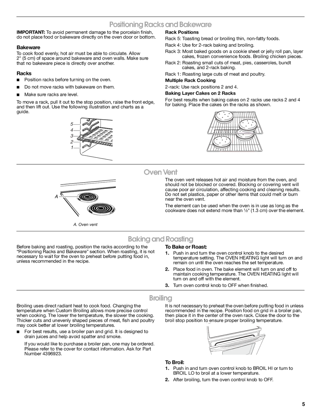 Estate TEP315VQ warranty Positioning Racks and Bakeware, Oven Vent, Baking and Roasting, Broiling 