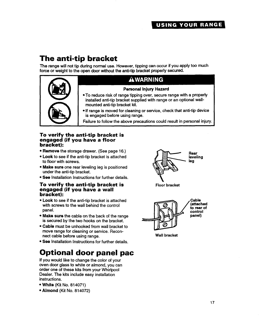 Estate TERZOWOY warranty Anti-tip bracket, Optional door panel pat 