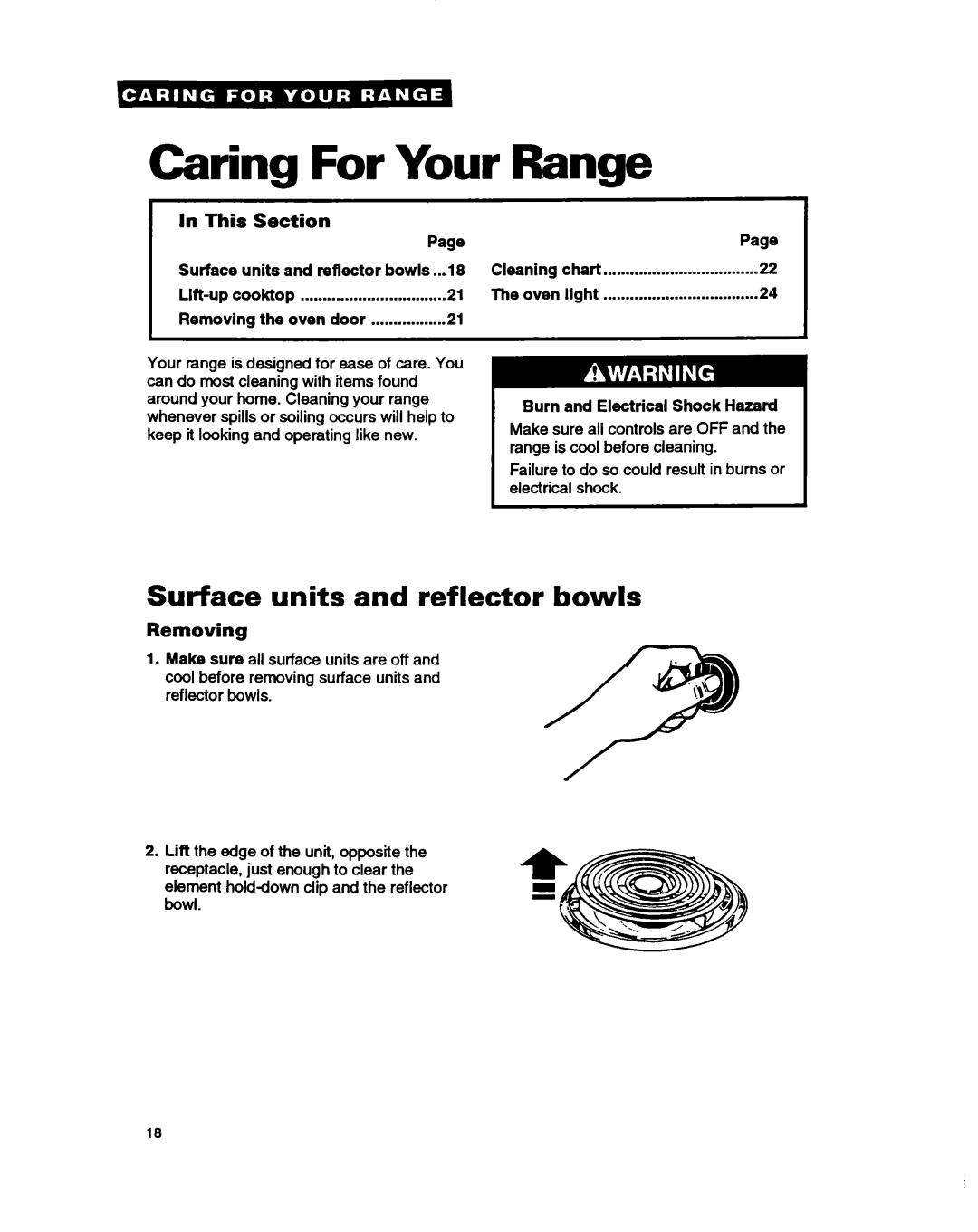 Estate TERZOWOY warranty Caring For Your Range, Surface units and reflector bowls, This Section, Removing 