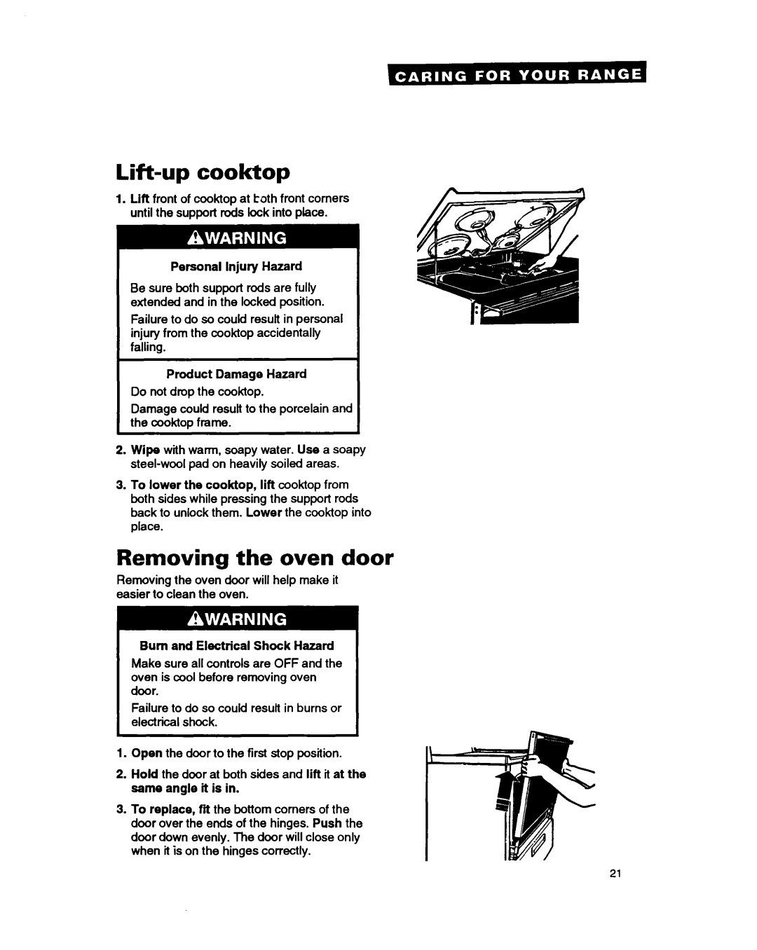 Estate TERZOWOY warranty Lift-up cooktop, Removing the oven door, Bum and Electrical Shock Hazard 