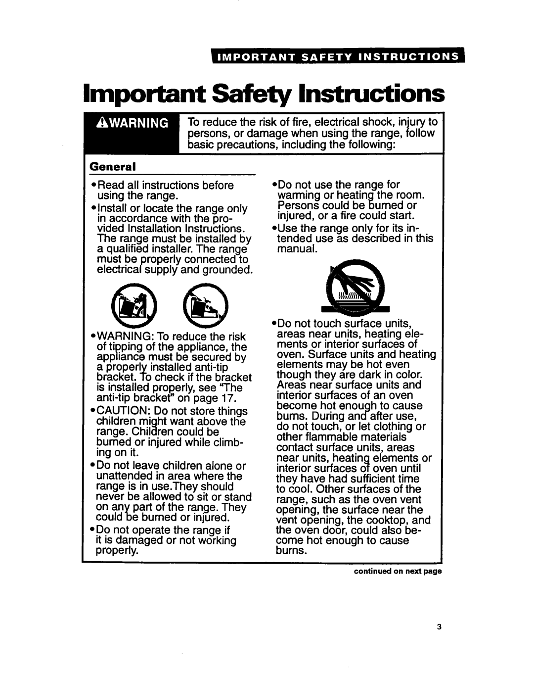 Estate TERZOWOY warranty Important safety Instructions, 4ead all instructions before using the range 