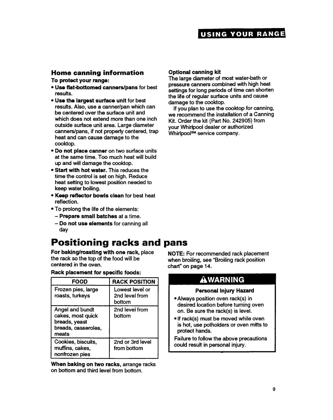 Estate TERZOWOY warranty Positioning racks, Pans, Home canning information 