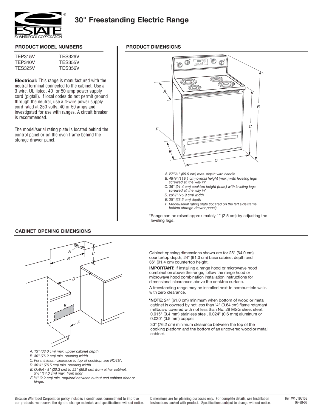 Estate TES326V, TES355V, TES356V, TEP340V dimensions Freestanding Electric Range, Product Model Numbers, Product Dimensions 