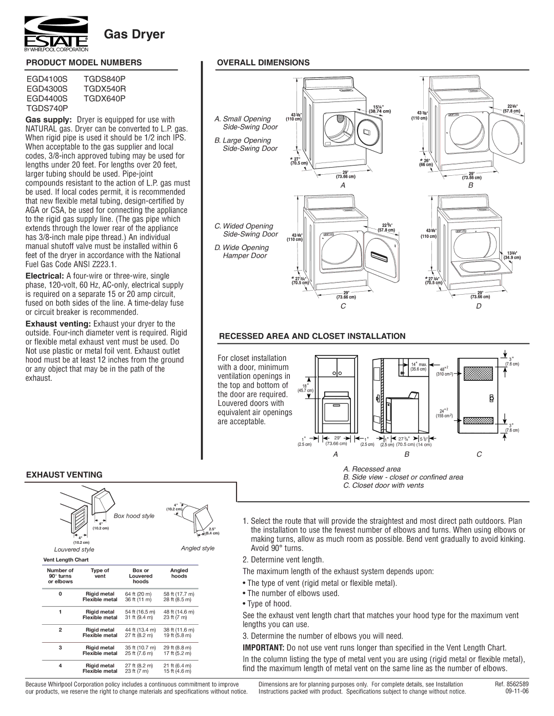 Estate TGDS740P dimensions Gas Dryer, Product Model Numbers, Overall Dimensions, Recessed Area and Closet Installation 