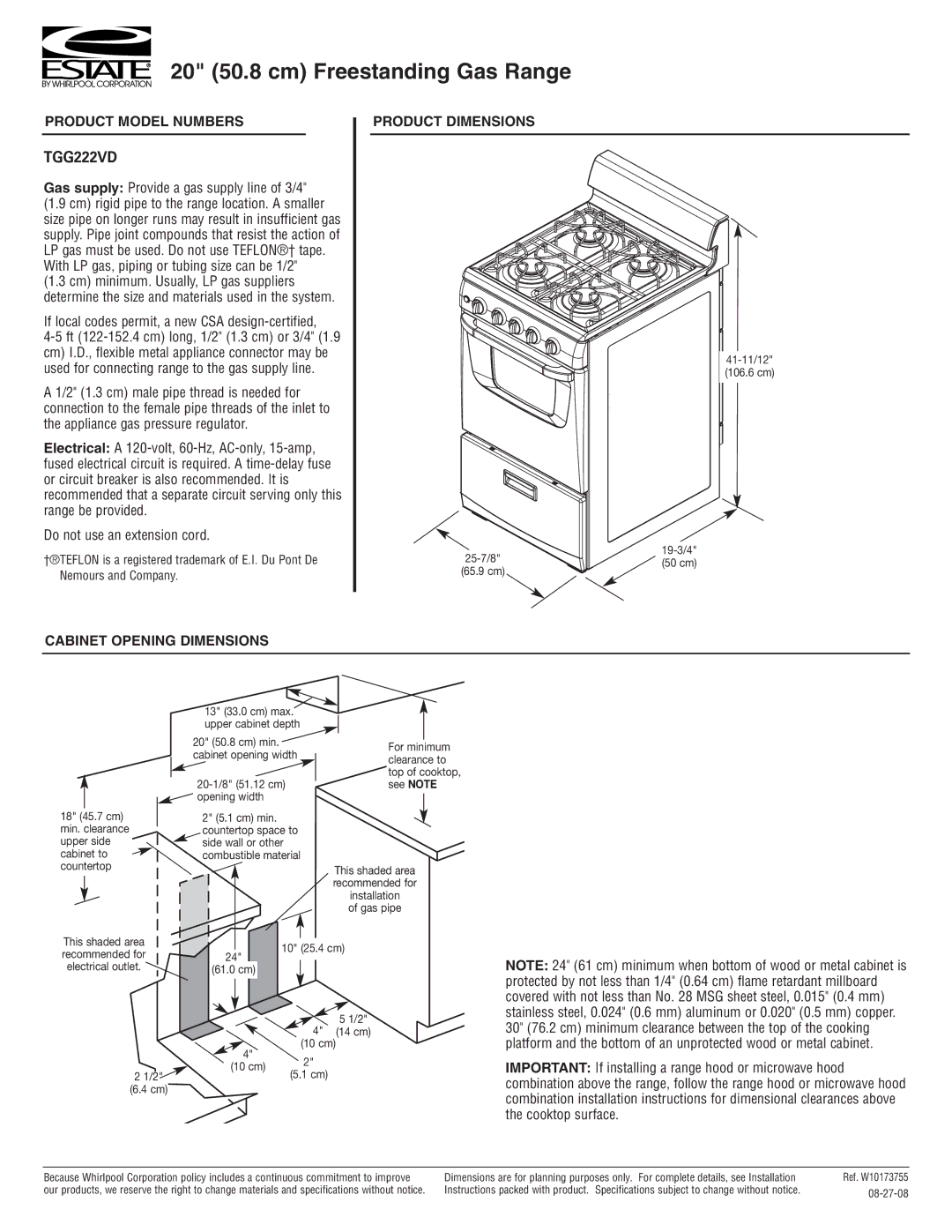 Estate TGG222VD dimensions 20 50.8 cm Freestanding Gas Range, Product Model Numbers 