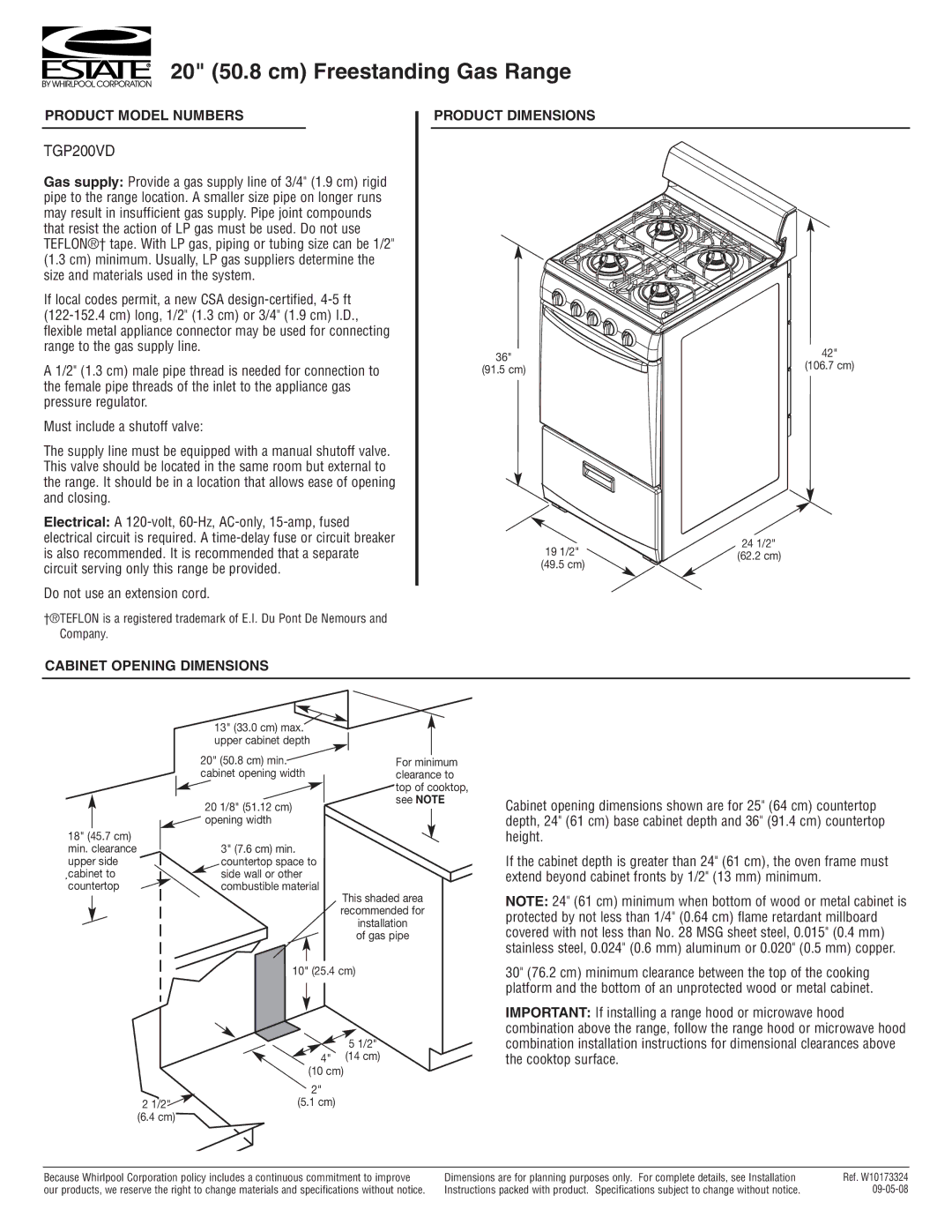 Estate TGP200VD dimensions 20 50.8 cm Freestanding Gas Range, Product Model Numbers 