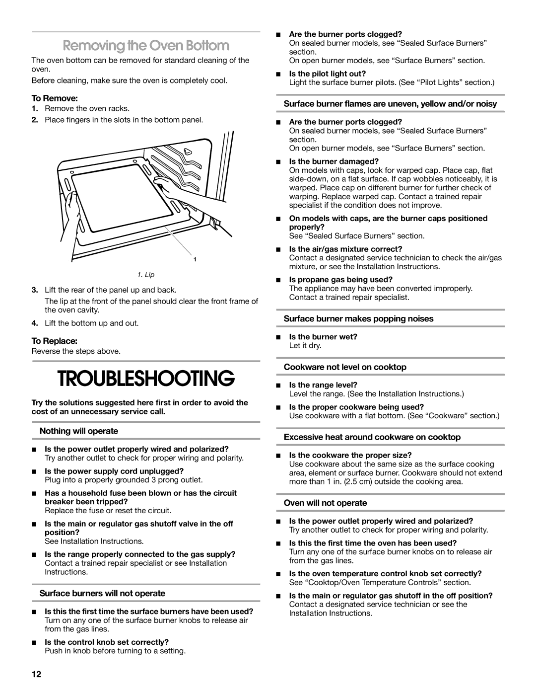 Estate TGP302, TGP310, Range, 336 manual Troubleshooting, Removing the Oven Bottom 