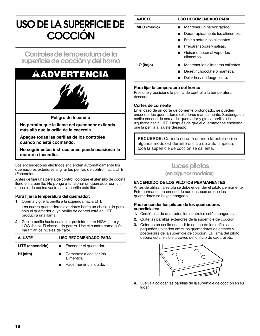 Estate Range, TGP302, TGP310, 336 manual Cocción, Luces pilotos, Encendido DE LOS Pilotos Permanentes 