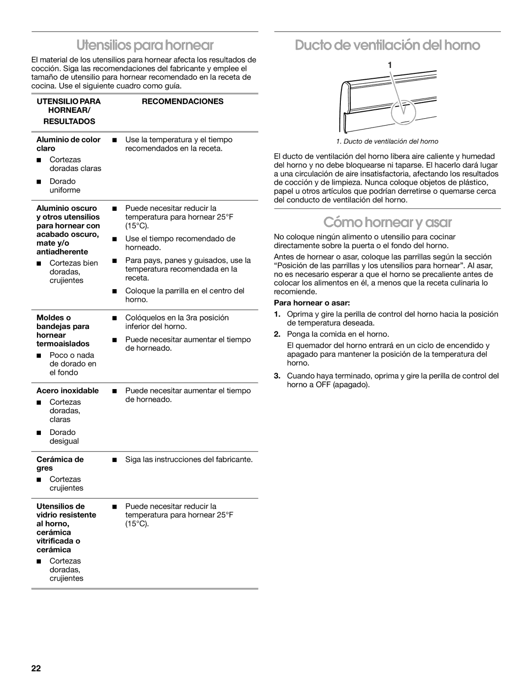 Estate Range, TGP302, TGP310, 336 manual Utensilios para hornear, Ducto de ventilación del horno, Cómo hornear y asar 