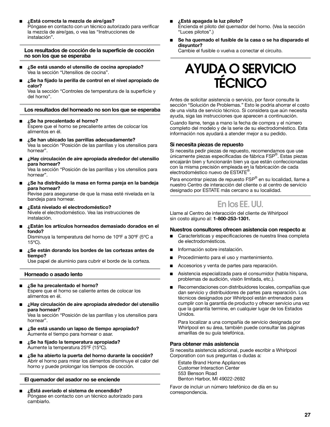 Estate 336, TGP302, TGP310, Range manual Ayuda O Servicio Técnico, En los EE. UU 