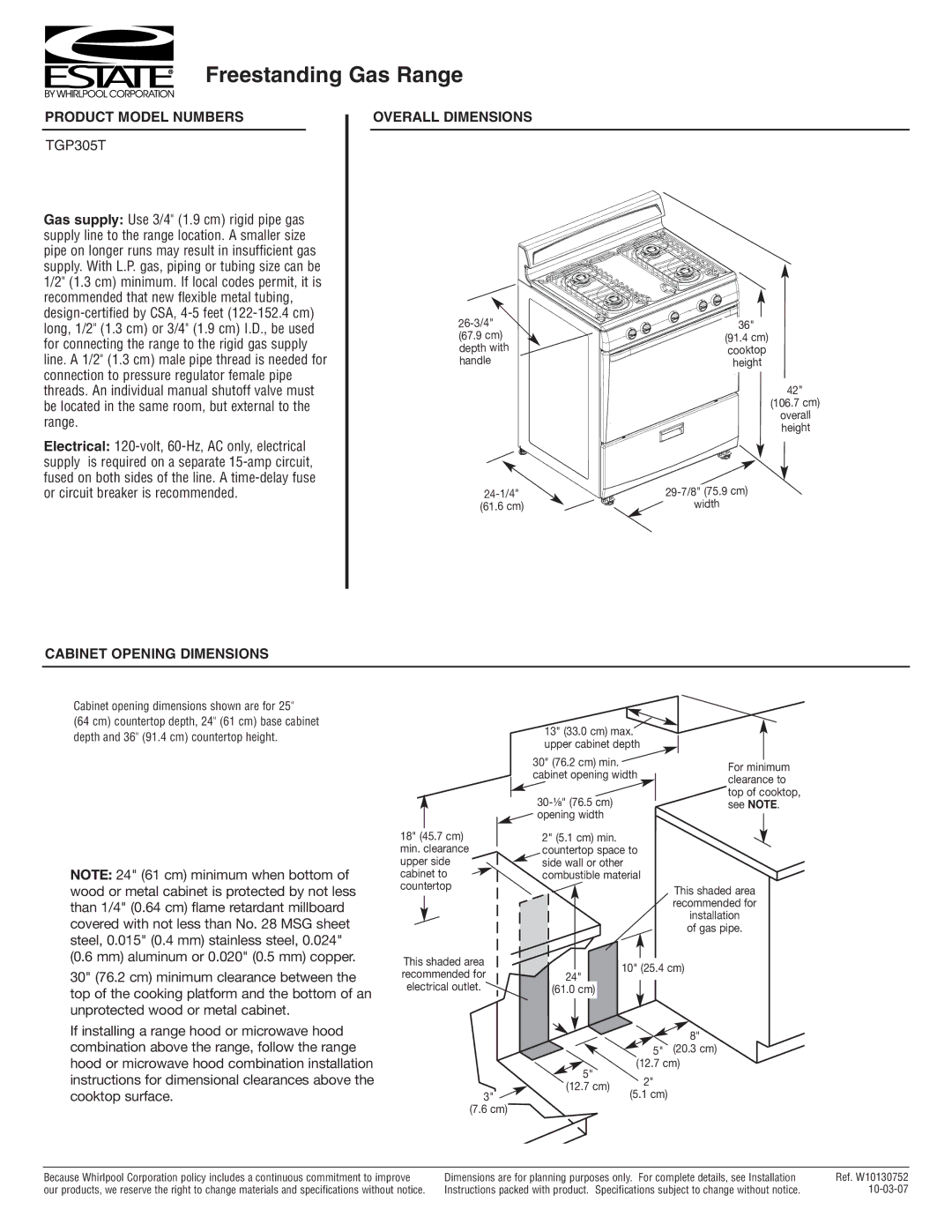 Estate TGP305T dimensions Freestanding Gas Range, Product Model Numbers, Overall Dimensions, Cabinet Opening Dimensions 