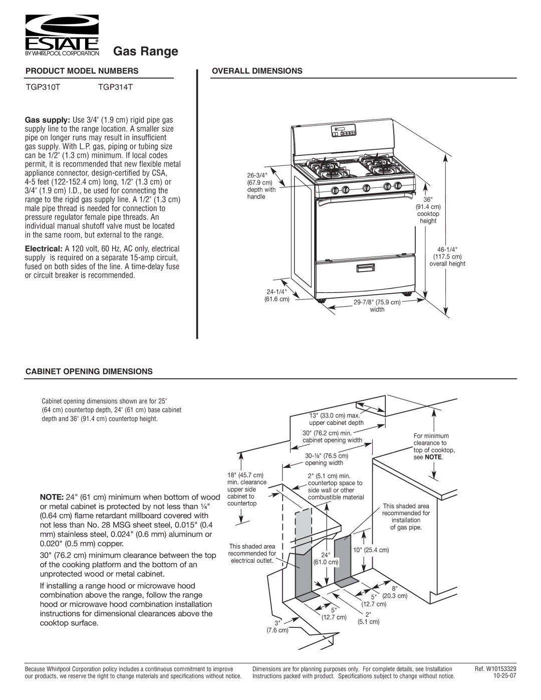 Estate TGP310T dimensions Gas Range, Product Model Numbers, Overall Dimensions, Cabinet Opening Dimensions 