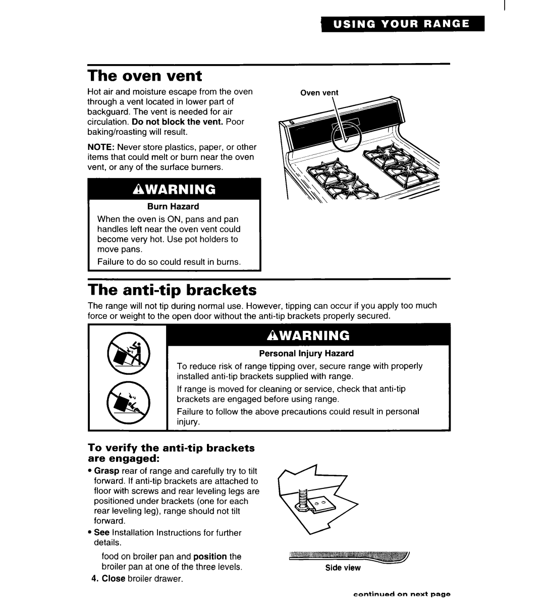 Estate TGRGIWZB manual Oven Vent, Anti-tip brackets, To verify the anti-tip brackets are engaged 