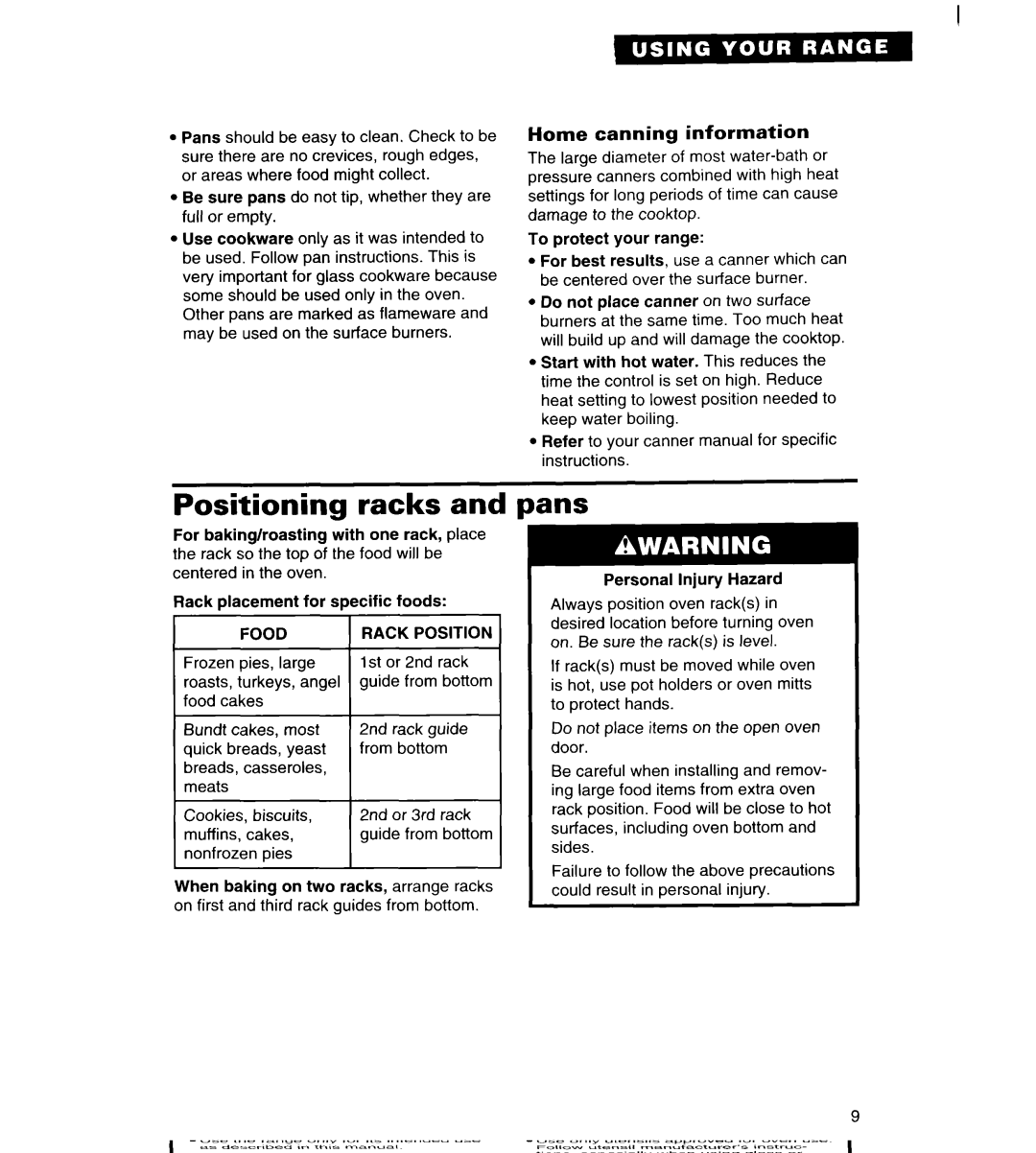 Estate TGRGIWZB manual Positioning racks, Pans, Home canning information, Food 