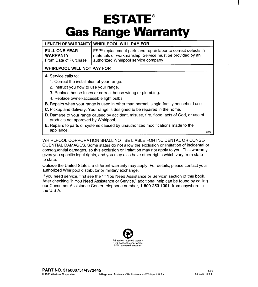 Estate TGRGIWZB manual ESTATE” Gas Range Warranty 