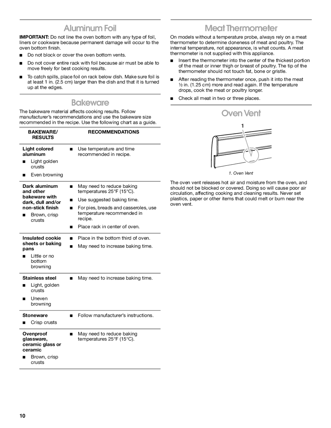 Estate TGS325 manual Aluminum Foil, Meat Thermometer, Oven Vent, Bakeware Recommendations Results 