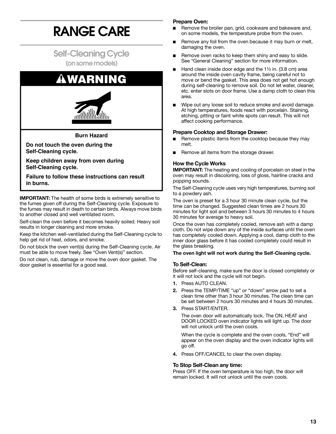 Estate TGS325 manual Range Care, Self-Cleaning Cycle 