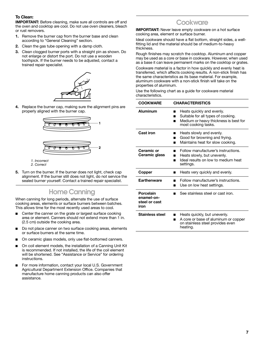 Estate TGS325 manual Home Canning, To Clean, Cookware Characteristics 