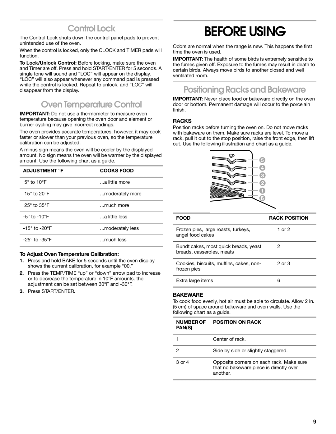 Estate TGS325 manual Before Using, Control Lock, Oven Temperature Control, Positioning Racks and Bakeware 