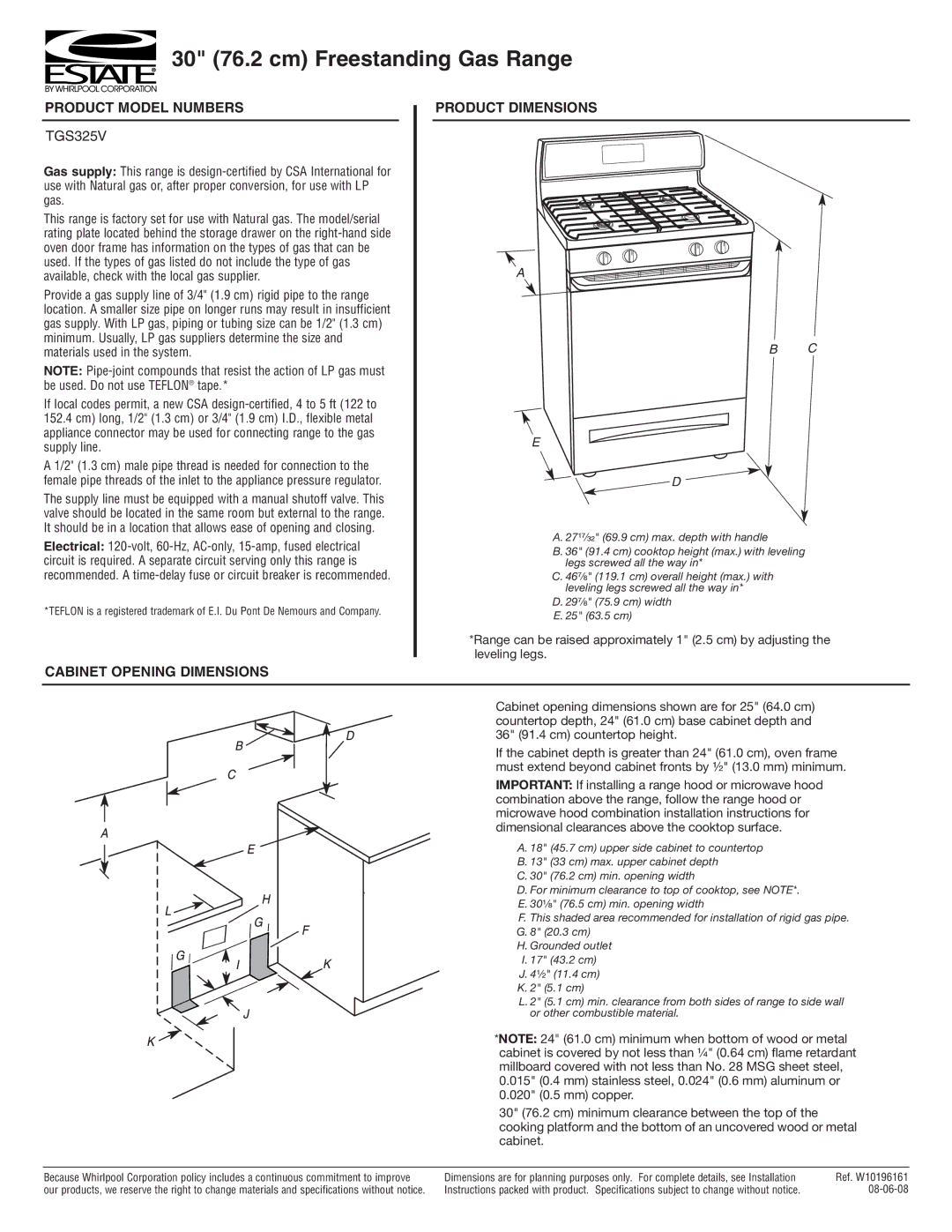 Estate TGS325V dimensions 30 76.2 cm Freestanding Gas Range, Product Model Numbers 