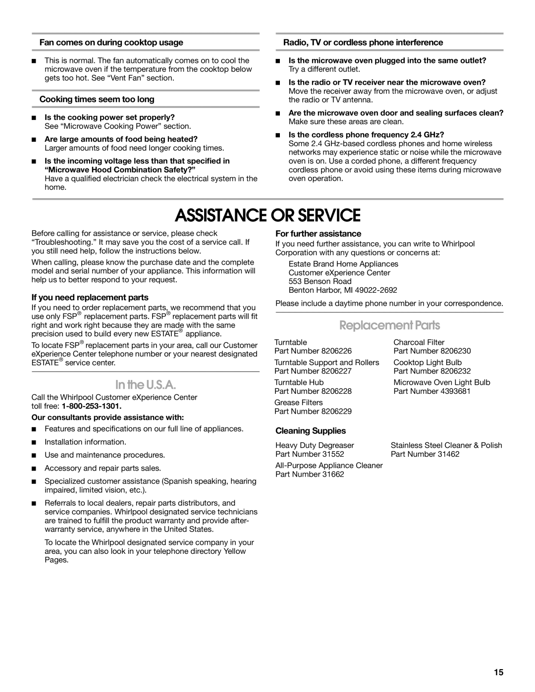 Estate TMH16XS manual Assistance or Service, U.S.A, Replacement Parts 