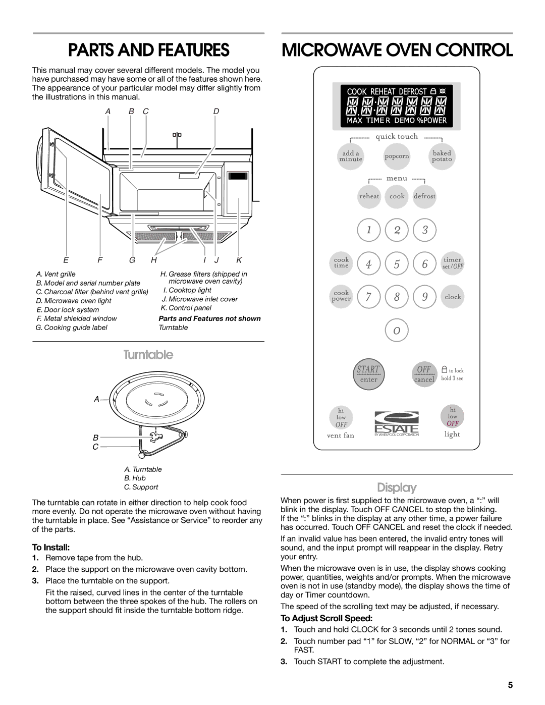 Estate TMH16XS manual Parts and Features, Turntable, Display, To Install, To Adjust Scroll Speed 