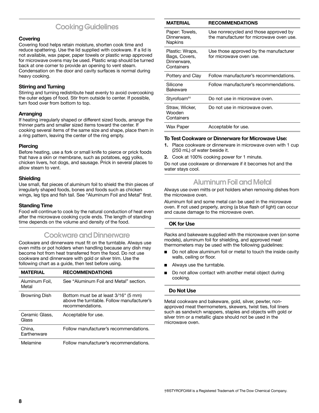 Estate TMH16XS manual Cooking Guidelines, Cookware and Dinnerware, Aluminum Foil and Metal 