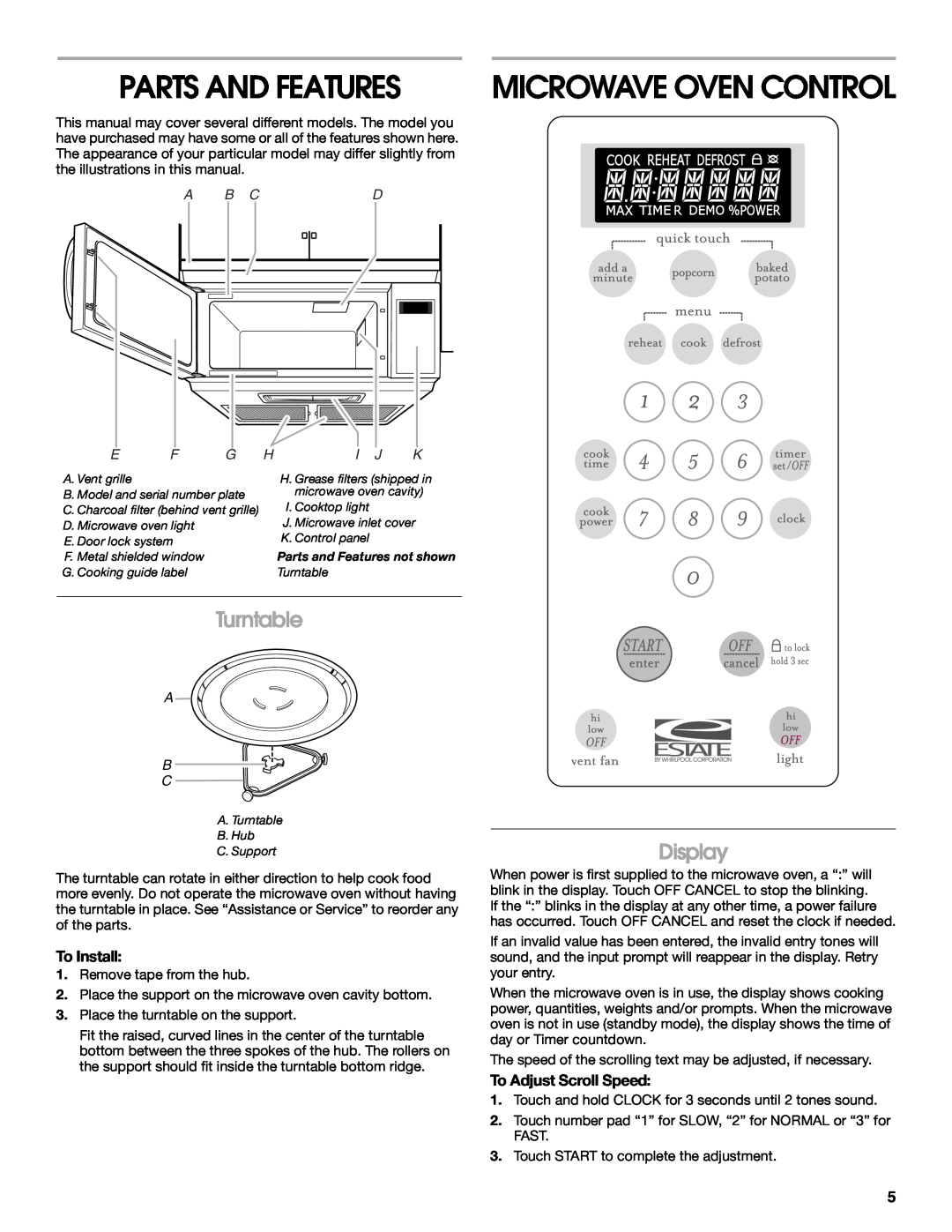 Estate TMH16XS Parts And Features, Turntable, Display, To Install, To Adjust Scroll Speed, A B C, Microwave Oven Control 