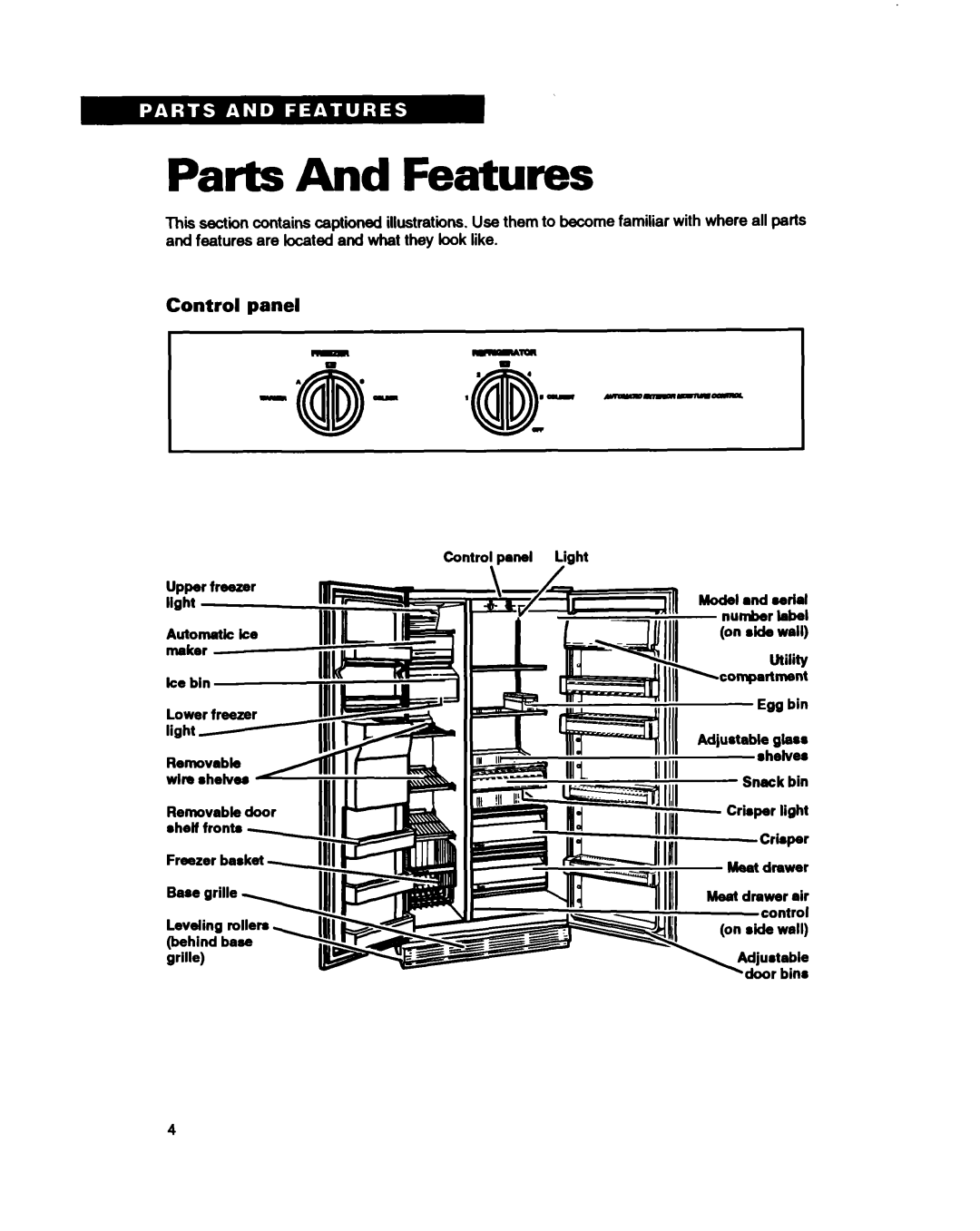 Estate TS25AQ warranty Parts And Features, Control panel, Automatic ice, Removable door Freezer basked 