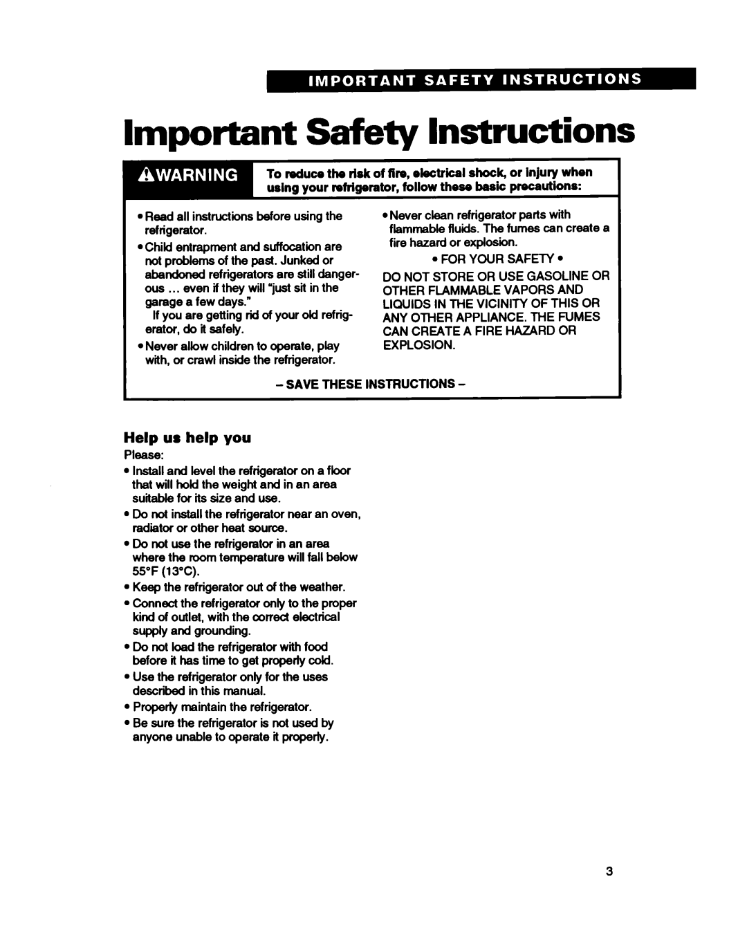 Estate TS25AQ warranty Important Safety Instructions, Help us help you, Save These Instructions 