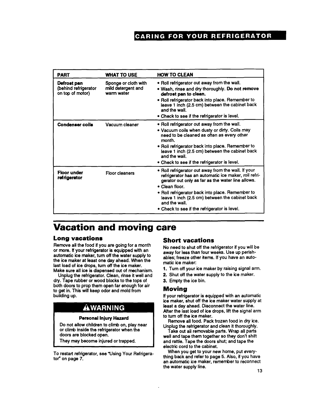 Estate LT14EK, TT14CK important safety instructions Vacation and moving, Care, Long vacations, Short vacations, Moving 