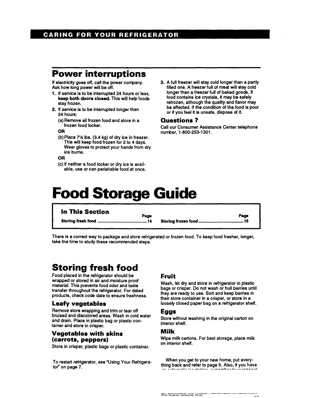 Estate TT14CK, LT14EK important safety instructions Food Storage Guide, Power interruptions, Storing fresh food 