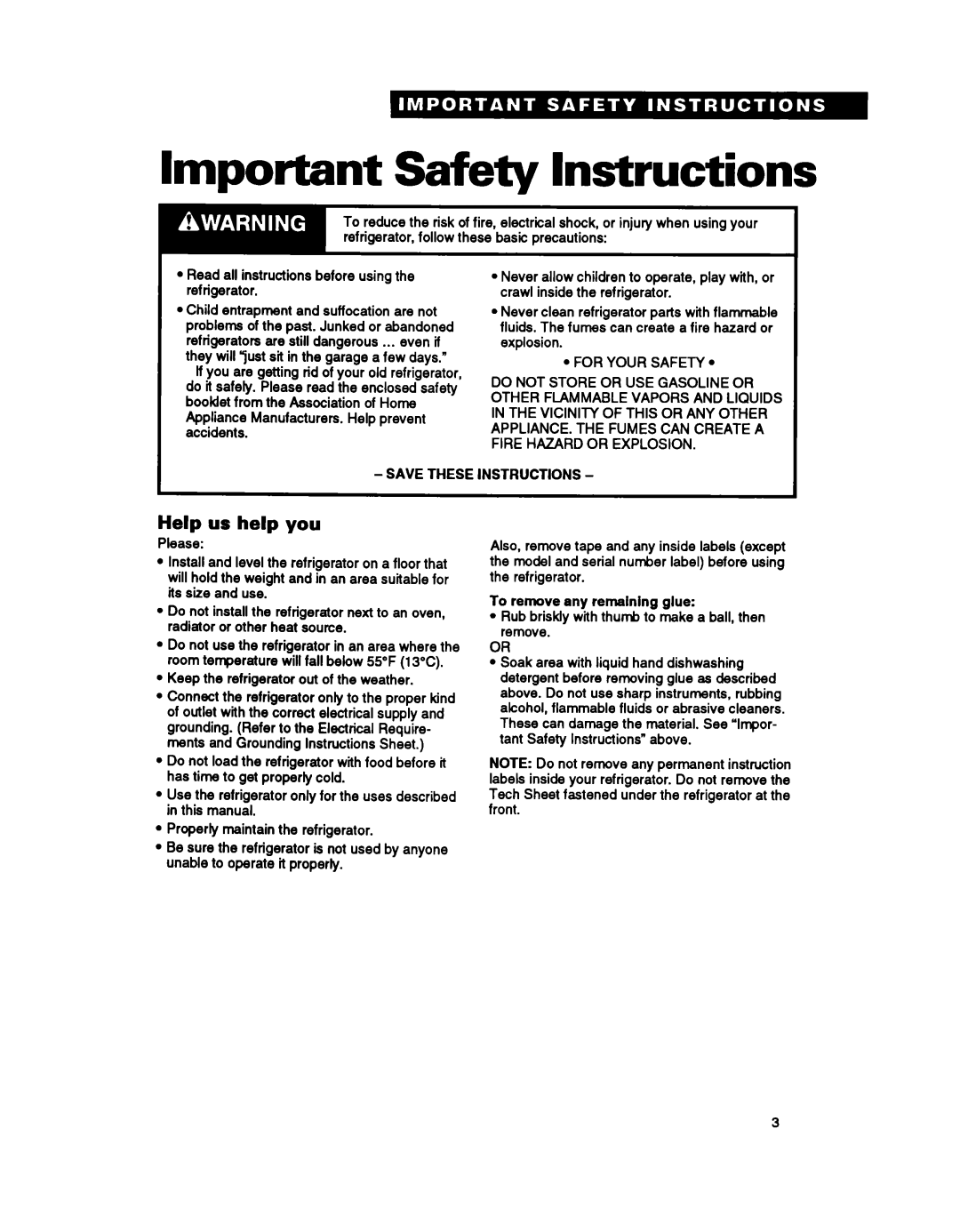 Estate LT14EK, TT14CK Important Safety Instructions, Help us help you, Read all instructions before using the refrigerator 