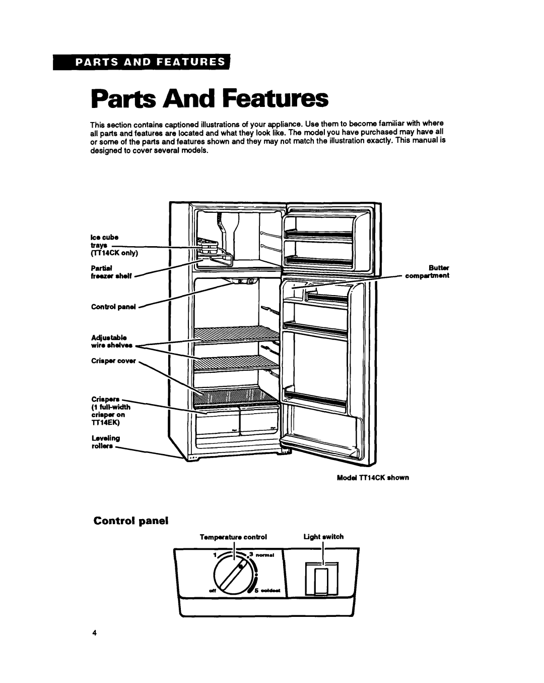 Estate TT14CK, LT14EK Parts And Features, Control panel, Criapef cover Crisper on lll4EK Leveling, Model Tf14CK shown 