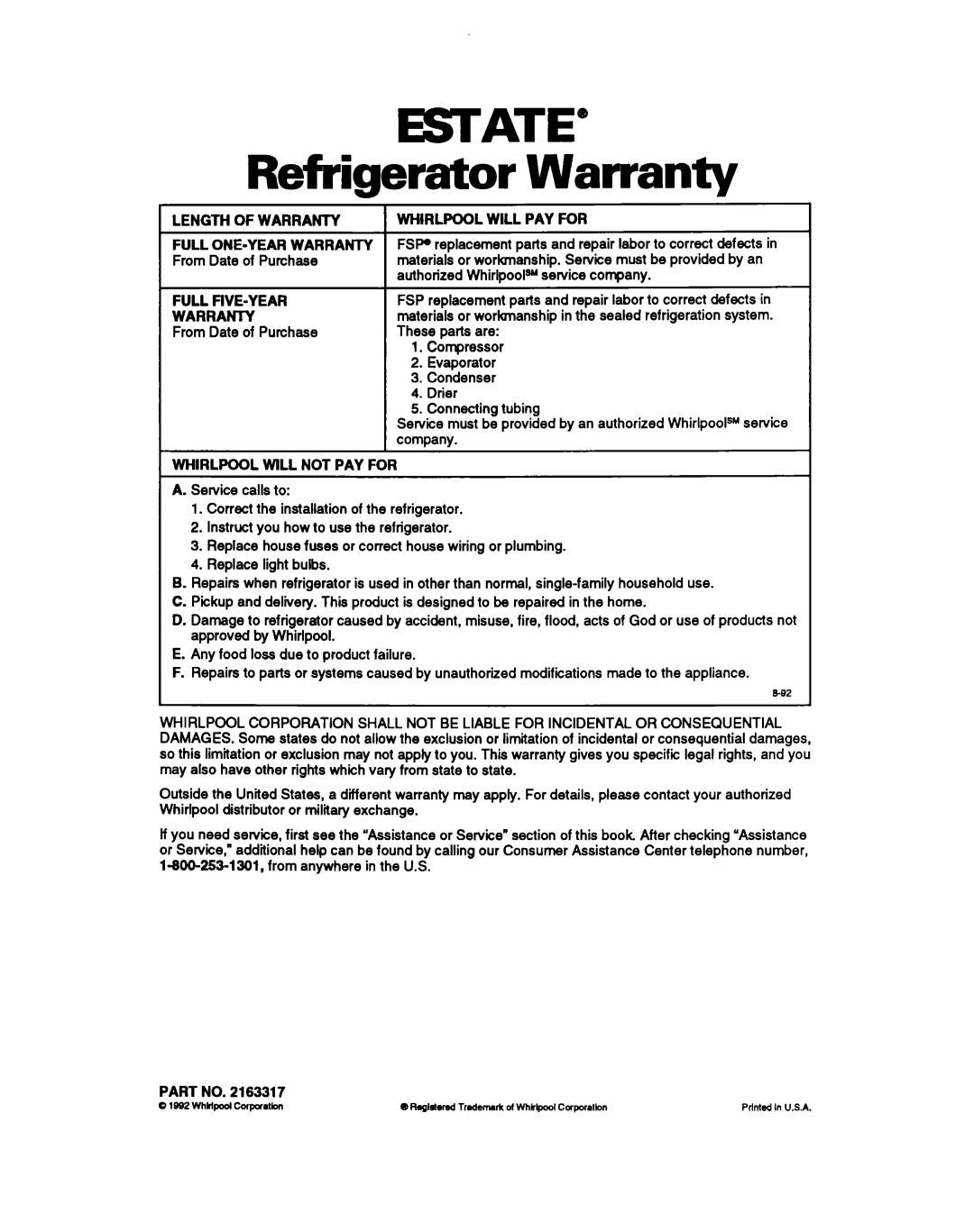 Estate TT14CK, LT14EK important safety instructions ESTATE” Refrigerator Warranty 