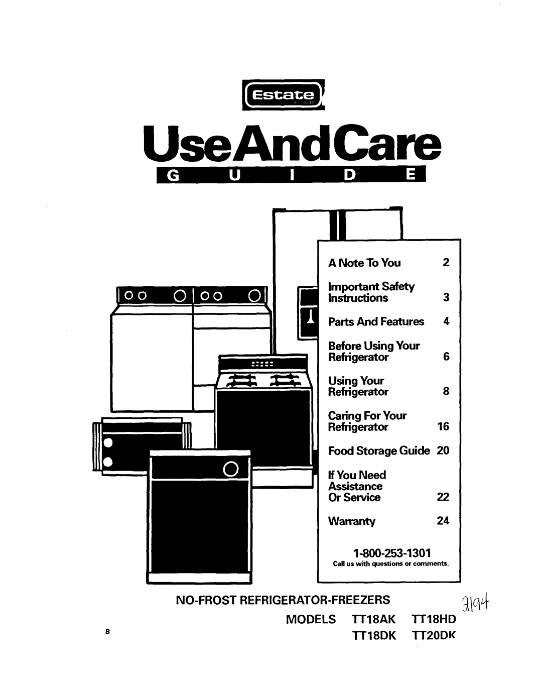 Estate TT20DK, TT18DK, TT18HD, TT18AK warranty UseAndCare 