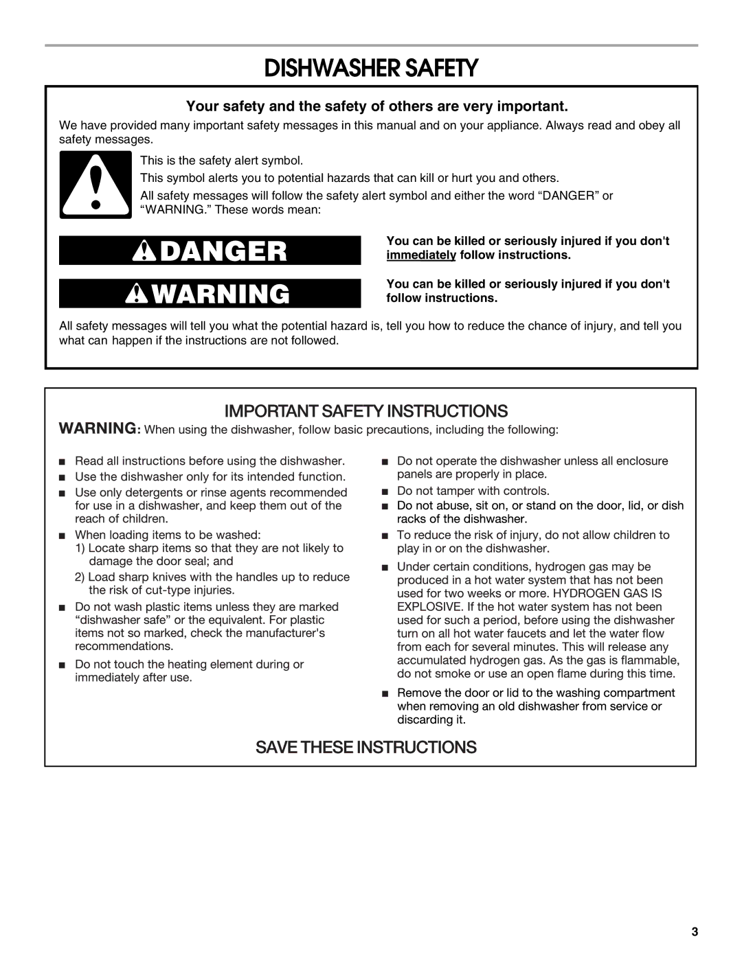 Estate TUD1000R manual Dishwasher Safety, Your safety and the safety of others are very important 