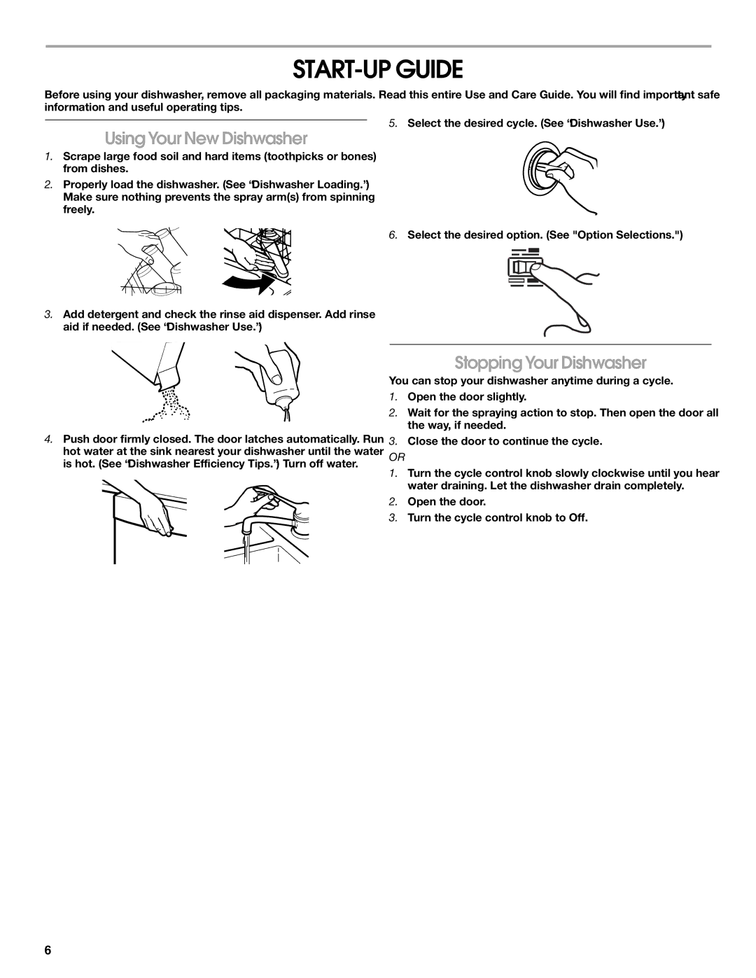 Estate TUD1000R manual START-UP Guide, Using Your New Dishwasher, Stopping Your Dishwasher 