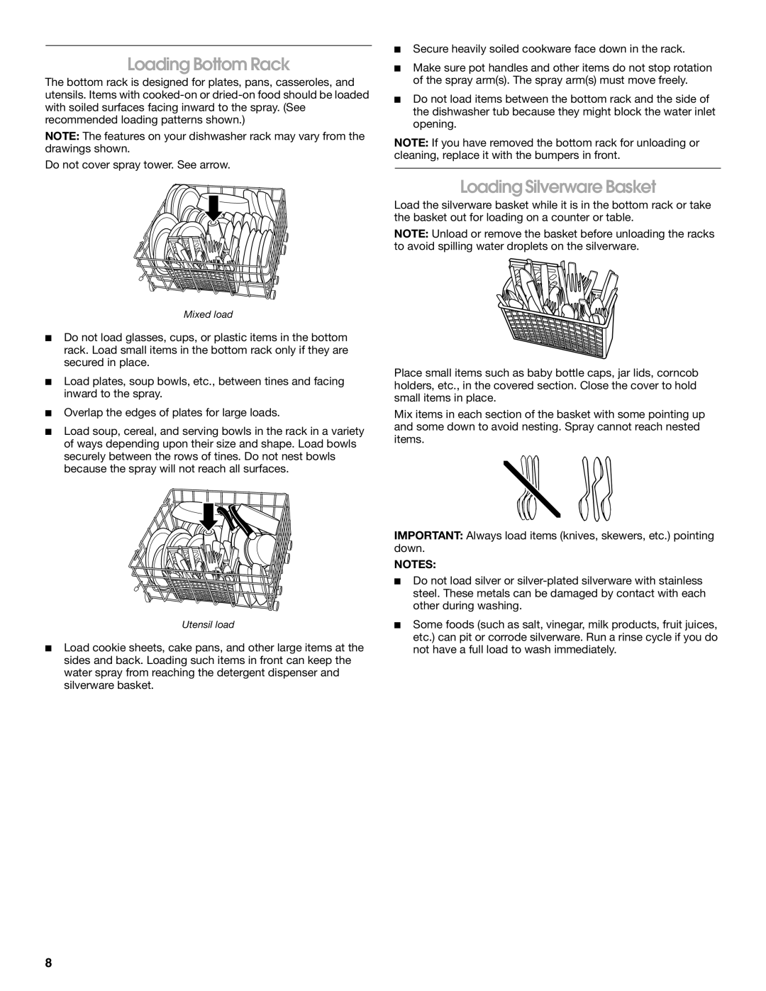 Estate TUD1000R manual Loading Bottom Rack, Loading Silverware Basket 