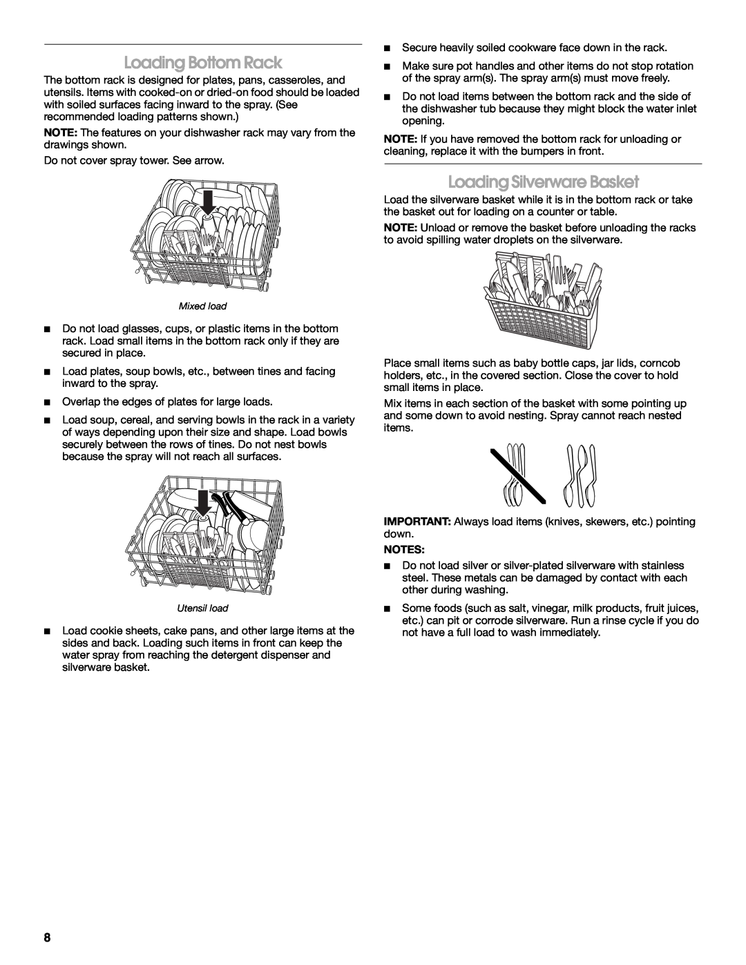 Estate TUD1000R manual Loading Bottom Rack, Loading Silverware Basket, Notes 