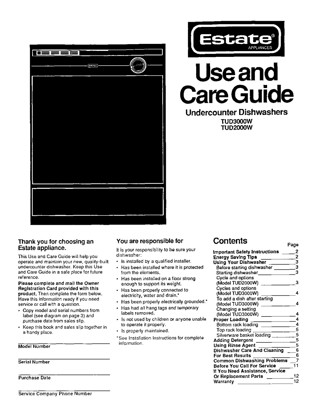 Estate TUD3OOOW installation instructions Undercounter Dishwashers, Contents 