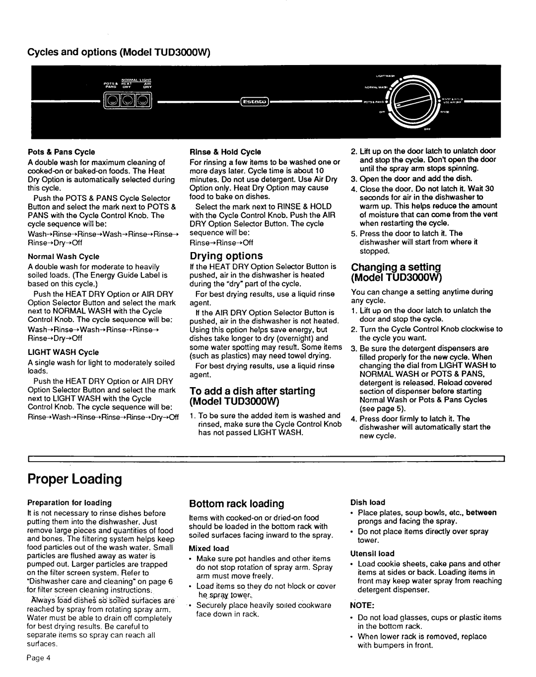 Estate TUD3OOOW Proper Loading, Cycles and options Model TUD3OOOVV, Drying options, Bottom rack loading 